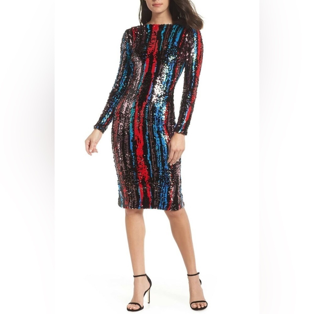 DRESS The POPULATION Multicoloure Stripe Sequin Emery Bodycon Midi Dress Large